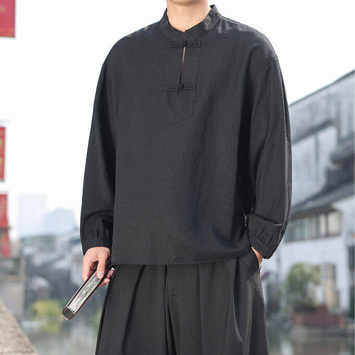 Buddha Stones Herren-Baumwollhemd mit zwei Froschknöpfen und Stehkragen, langärmelig - image 7