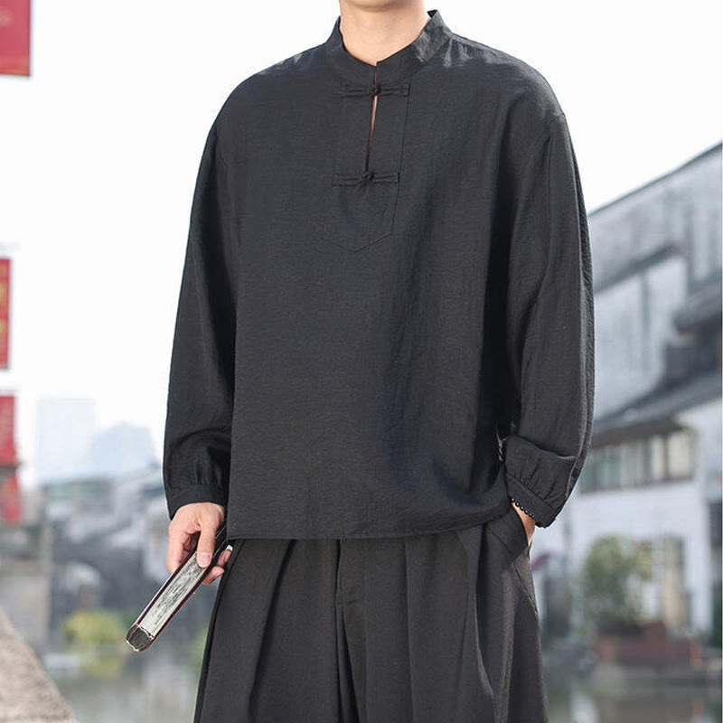 Buddha Stones Herren-Baumwollhemd mit zwei Froschknöpfen und Stehkragen, langärmelig - image 6