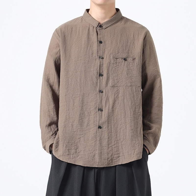 Buddha Stones Vintage Plain Buttons Down Stehkragen Langarm Herren Baumwollhemd - Bräunen - US/ UK/AU48, EU58 (5XL) - image 15