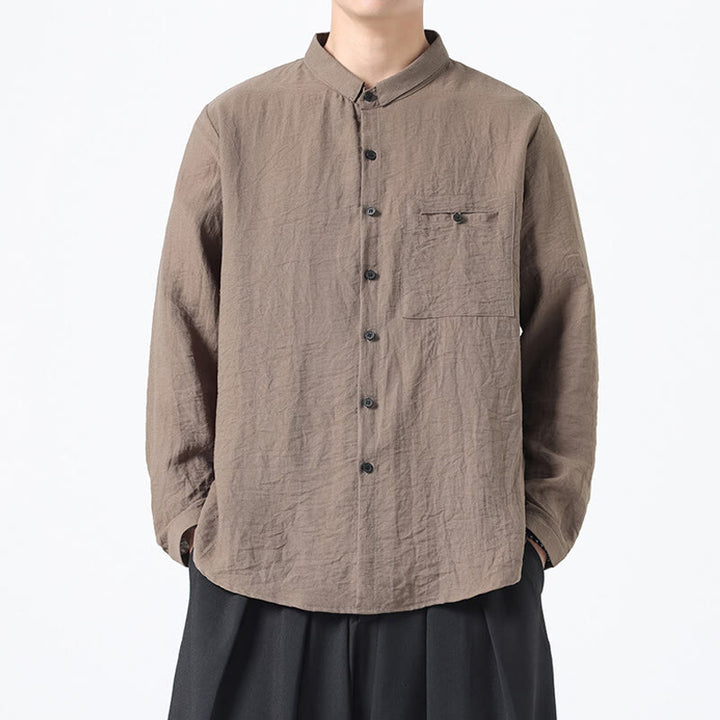Buddha Stones Vintage Plain Buttons Down Stehkragen Langarm Herren Baumwollhemd - Bräunen - US/ UK/AU48, EU58 (5XL) - image 15