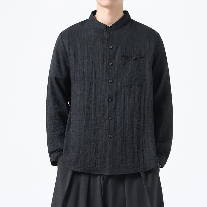 Buddha Stones Vintage Plain Buttons Down Stehkragen Langarm Herren Baumwollhemd - Schwarz - US/ UK/AU48, EU58 (5XL) - image 9