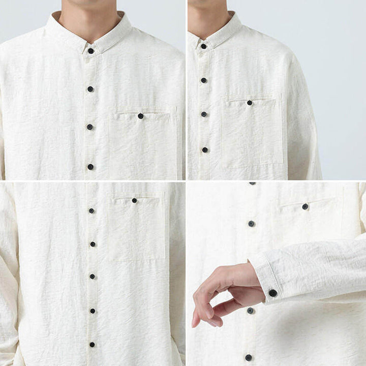 Buddha Stones Vintage Plain Buttons Down Stehkragen Langarm Herren Baumwollhemd - image 8