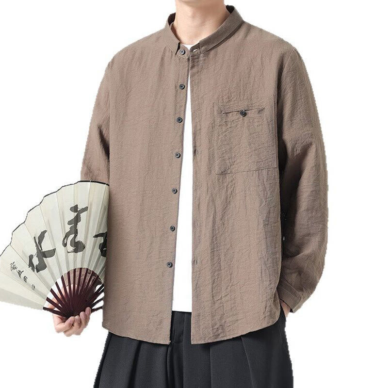 Buddha Stones Vintage Plain Buttons Down Stehkragen Langarm Herren Baumwollhemd - image 16