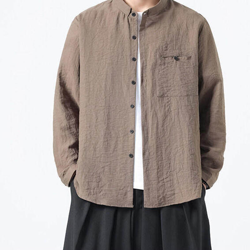 Buddha Stones Vintage Plain Buttons Down Stehkragen Langarm Herren Baumwollhemd - image 18