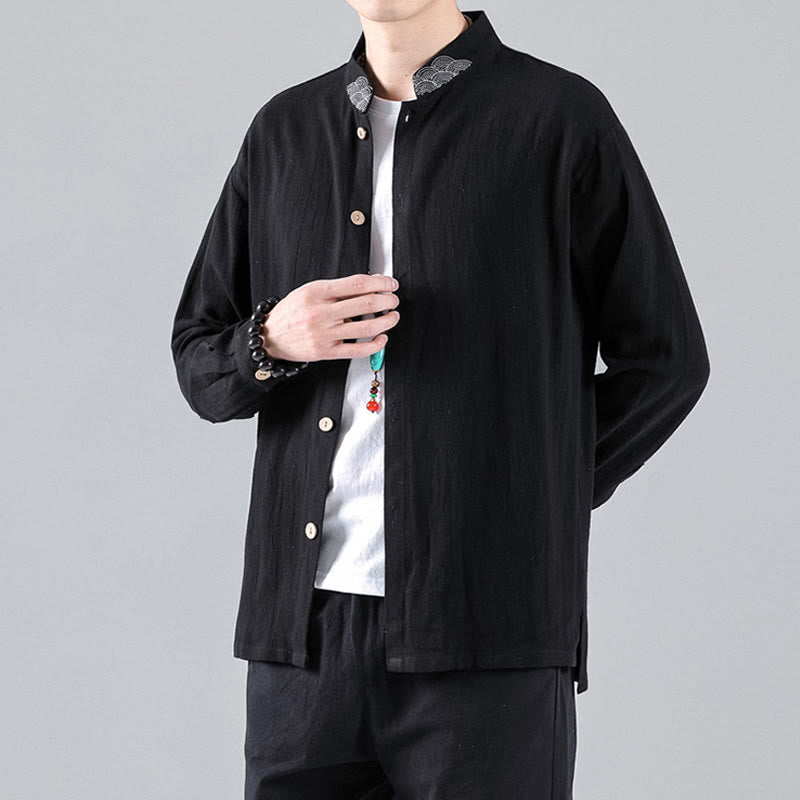 Herren-Baumwollhemd mit Stehkragen, bestickten Buddha Stones und glückverheißenden Wolken - Schwarz - US/ UK/AU46，EU56 (5XL) - image 1