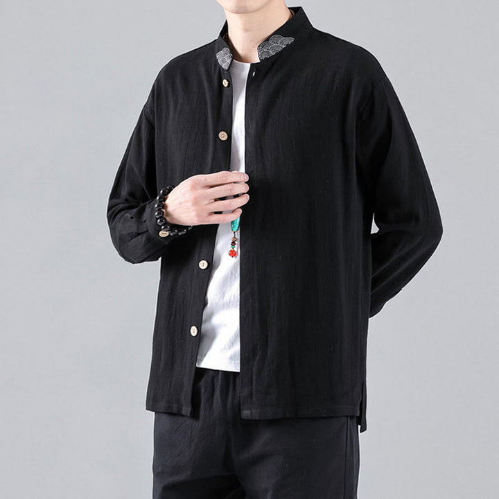 Herren-Baumwollhemd mit Stehkragen, bestickten Buddha Stones und glückverheißenden Wolken - Schwarz - US/ UK/AU46，EU56 (5XL) - image 1