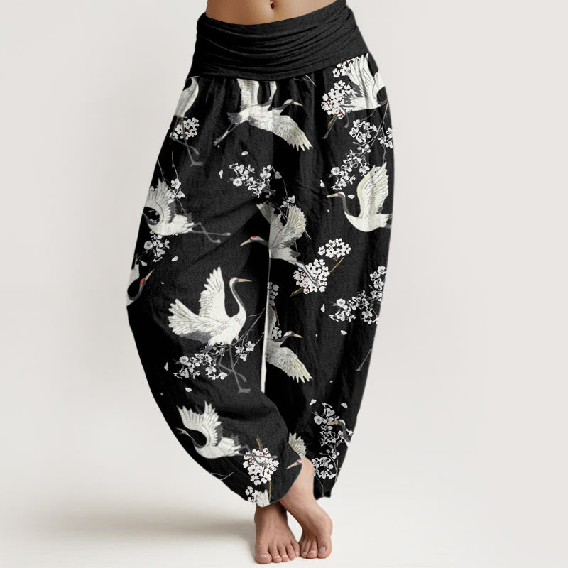 Buddha Stones Lässige, elegante Haremshose mit Kranich-Blumenmuster für Damen, elastische Taille - Schwarz - US22， UK/AU26，EU54 (6XL) - image 1