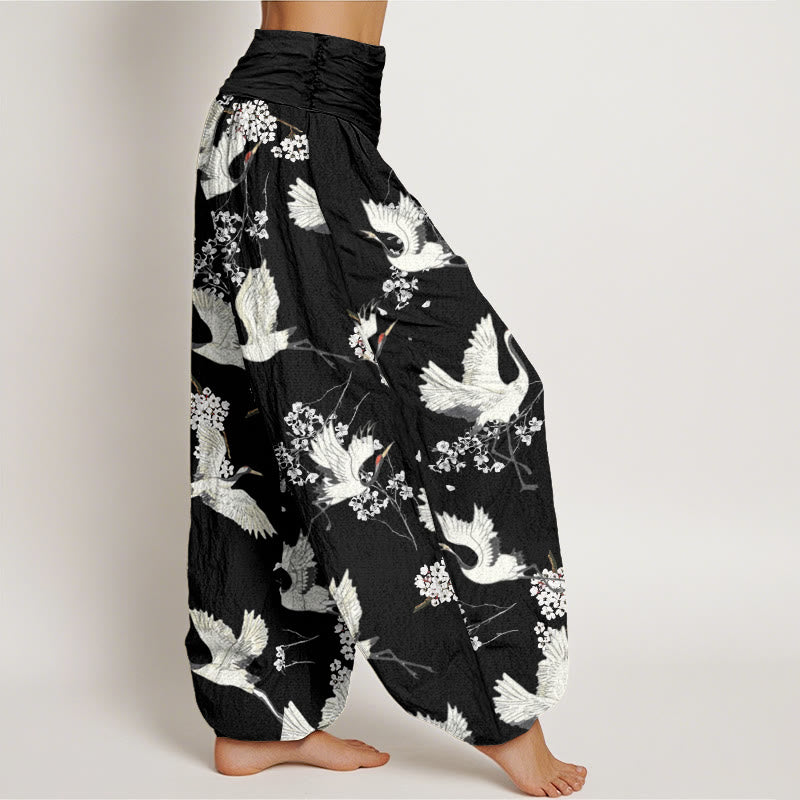 Buddha Stones Lässige, elegante Haremshose mit Kranich-Blumenmuster für Damen, elastische Taille - image 2