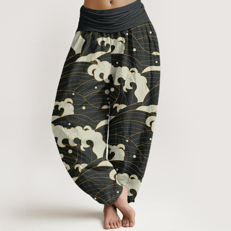 Buddha Stones Lässige Haremshose mit abstraktem Wellenmuster für Damen mit elastischer Taille - Schwarz - US22， UK/AU26，EU54 (6XL) - image 1