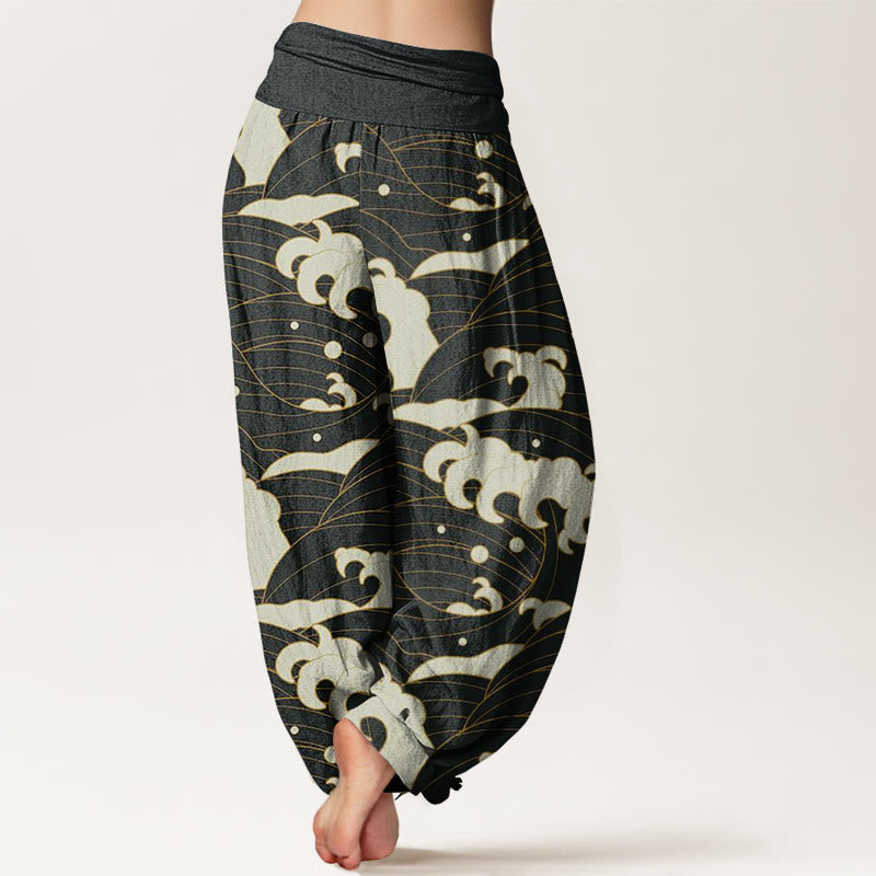 Buddha Stones Lässige Haremshose mit abstraktem Wellenmuster für Damen mit elastischer Taille - image 3