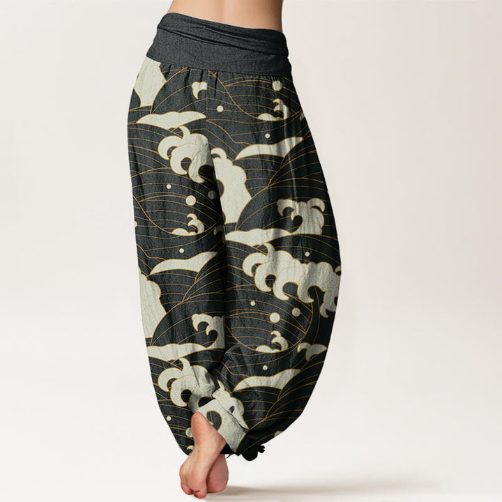 Buddha Stones Lässige Haremshose mit abstraktem Wellenmuster für Damen mit elastischer Taille - image 3