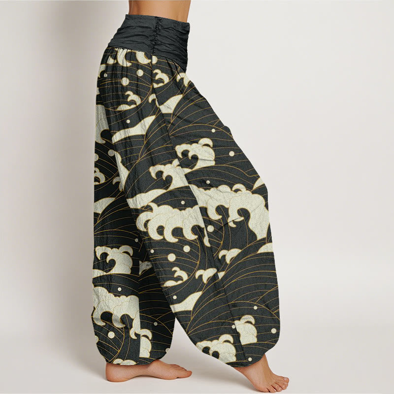Buddha Stones Lässige Haremshose mit abstraktem Wellenmuster für Damen mit elastischer Taille - image 2