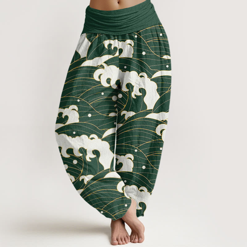 Buddha Stones Lässige Haremshose mit abstraktem Wellenmuster für Damen mit elastischer Taille - Grün - US22， UK/AU26，EU54 (6XL) - image 5