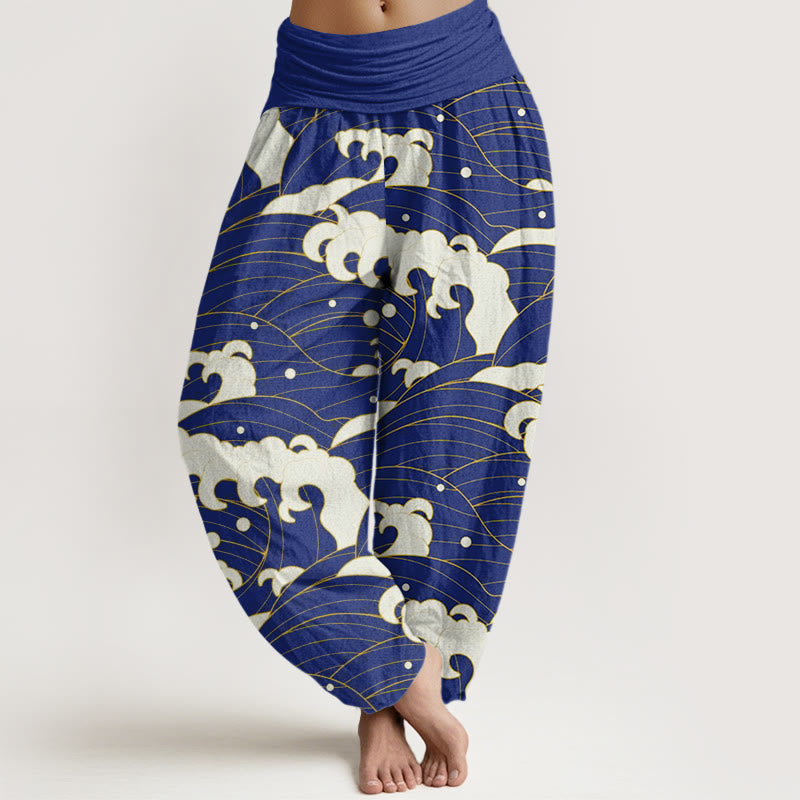 Buddha Stones Lässige Haremshose mit abstraktem Wellenmuster für Damen mit elastischer Taille - Mittelblau - US22， UK/AU26，EU54 (6XL) - image 8