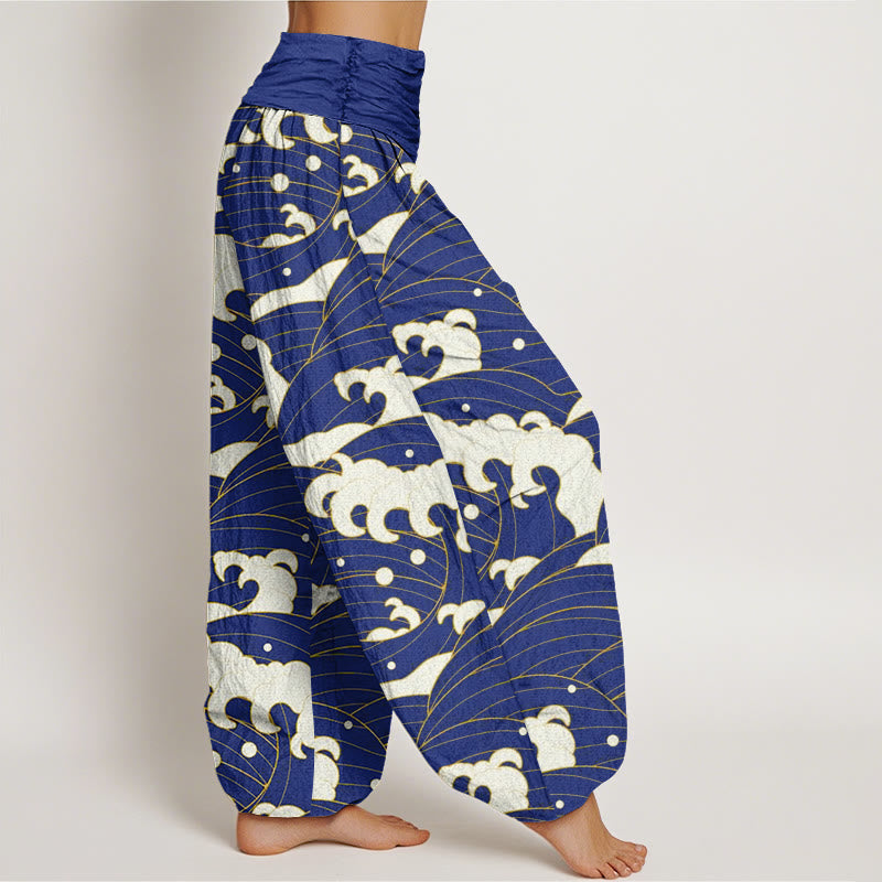 Buddha Stones Lässige Haremshose mit abstraktem Wellenmuster für Damen mit elastischer Taille - image 9