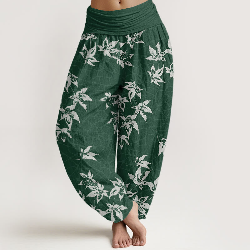 Buddha Stones Lässige Haremshose mit Ahornblatt-Muster für Damen, elastische Taille - Dunkelgrün - US22， UK/AU26，EU54 (6XL) - image 1
