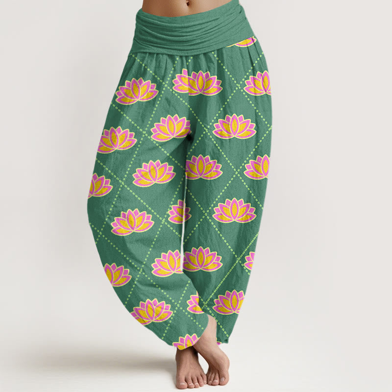 Buddha Stones Lässige Haremshose mit leuchtendem Lotusblumenmuster für Damen, elastische Taille - MittelMeergrün - US22， UK/AU26，EU54 (6XL) - image 1