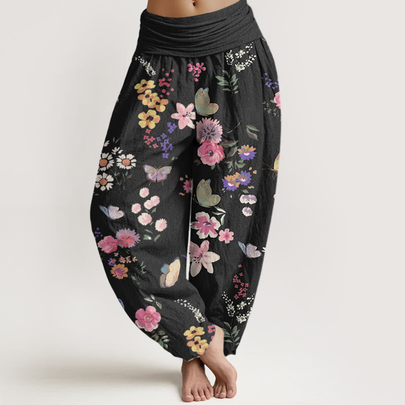Buddha Stones Lässige Haremshose mit buntem Blumen- und Schmetterlingsmuster für Damen, elastische Taille - Schwarz - US22， UK/AU26，EU54 (6XL) - image 1