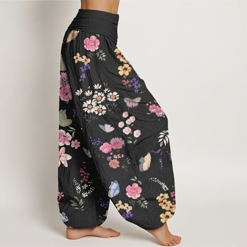 Buddha Stones Lässige Haremshose mit buntem Blumen- und Schmetterlingsmuster für Damen, elastische Taille - image 2