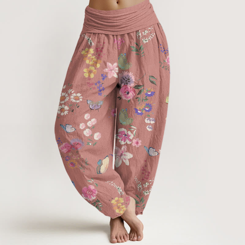Buddha Stones Lässige Haremshose mit buntem Blumen- und Schmetterlingsmuster für Damen, elastische Taille - Blassviolettrot - US22, UK/AU26, EU54 (6XL) - image 7