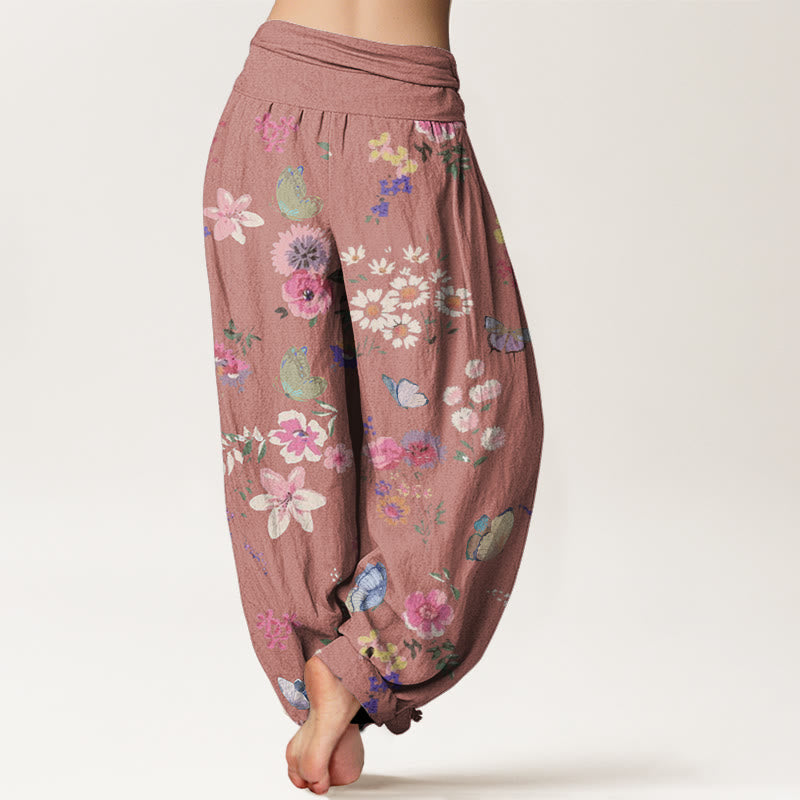 Buddha Stones Lässige Haremshose mit buntem Blumen- und Schmetterlingsmuster für Damen, elastische Taille - image 10