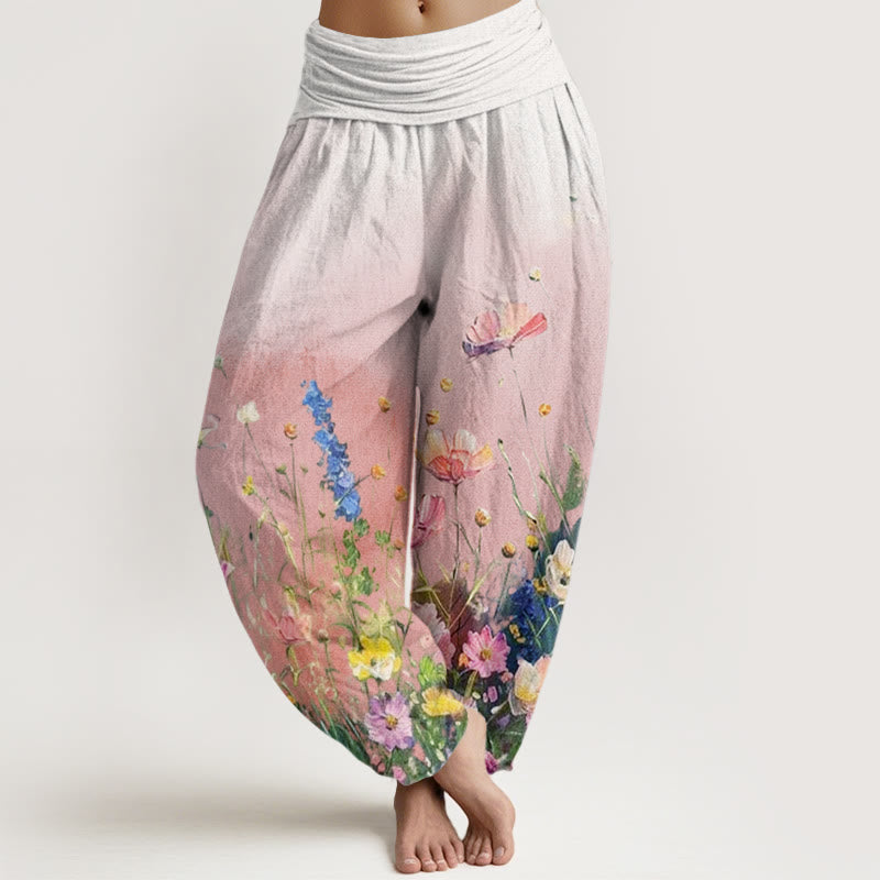 Buddha Stones Lässige Haremshose im Aquarell-Stil mit Blumenmuster für Damen, elastische Taille - Rosa - US22， UK/AU26，EU54 (6XL) - image 1