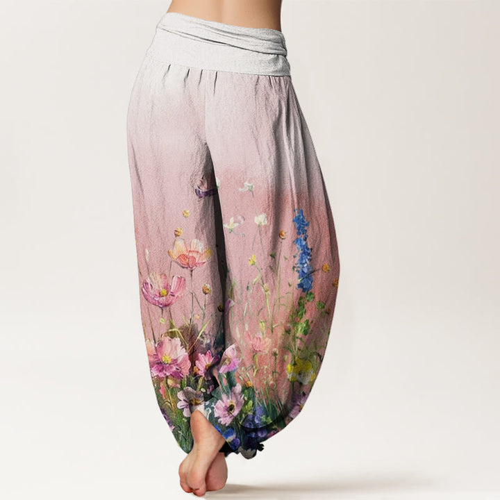 Buddha Stones Lässige Haremshose im Aquarell-Stil mit Blumenmuster für Damen, elastische Taille - image 3