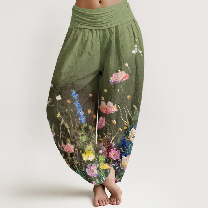 Buddha Stones Lässige Haremshose im Aquarell-Stil mit Blumenmuster für Damen, elastische Taille - Olivgrün - US22， UK/AU26，EU54 (6XL) - image 5
