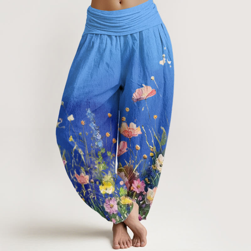 Buddha Stones Lässige Haremshose im Aquarell-Stil mit Blumenmuster für Damen, elastische Taille - DodgerBlue - US22， UK/AU26，EU54 (6XL) - image 8