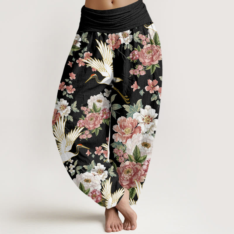 Buddha Stones Lässige Kraniche Blühende Pfingstrosenmuster Damen Haremshose mit elastischer Taille - Schwarz - US22， UK/AU26，EU54 (6XL) - image 1