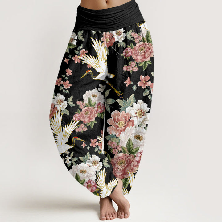 Buddha Stones Lässige Kraniche Blühende Pfingstrosenmuster Damen Haremshose mit elastischer Taille - Schwarz - US22， UK/AU26，EU54 (6XL) - image 1