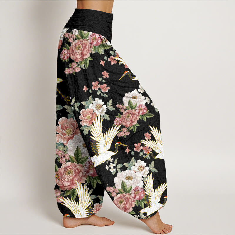 Buddha Stones Lässige Kraniche Blühende Pfingstrosenmuster Damen Haremshose mit elastischer Taille - image 2