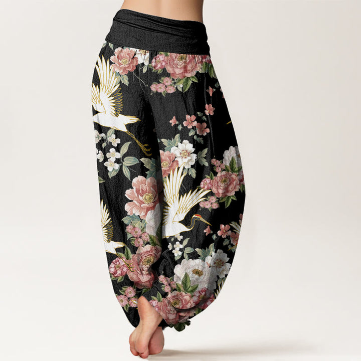 Buddha Stones Lässige Kraniche Blühende Pfingstrosenmuster Damen Haremshose mit elastischer Taille - image 3