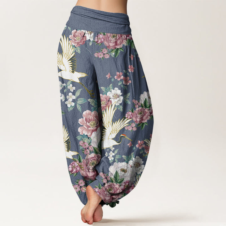 Buddha Stones Lässige Kraniche Blühende Pfingstrosenmuster Damen Haremshose mit elastischer Taille - image 7