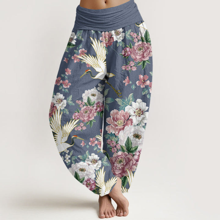 Buddha Stones Lässige Kraniche Blühende Pfingstrosenmuster Damen Haremshose mit elastischer Taille - KornblumeBlau - US22， UK/AU26，EU54 (6XL) - image 5