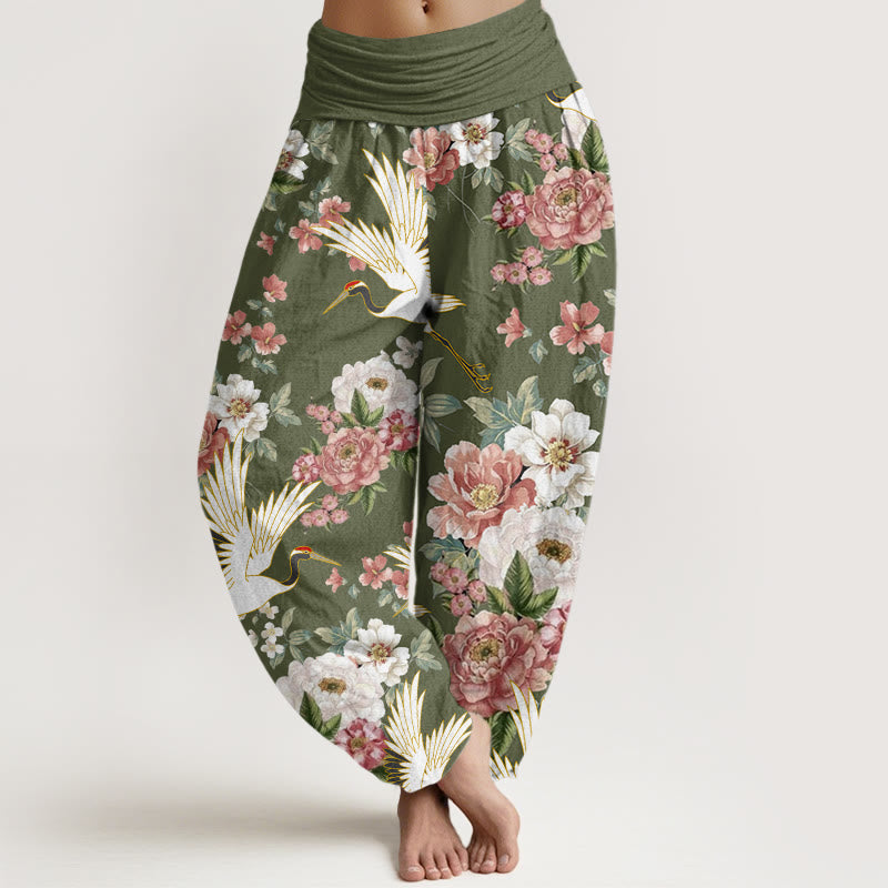 Buddha Stones Lässige Kraniche Blühende Pfingstrosenmuster Damen Haremshose mit elastischer Taille - Olivgrün - US22， UK/AU26，EU54 (6XL) - image 8