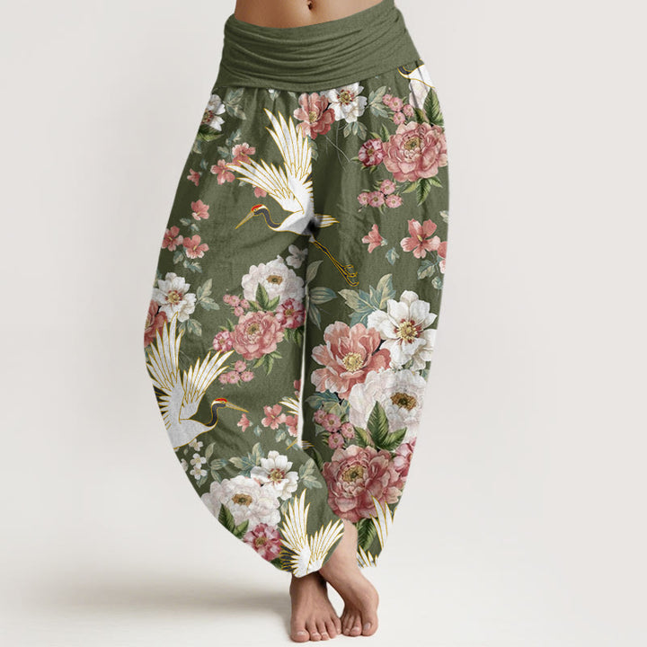 Buddha Stones Lässige Kraniche Blühende Pfingstrosenmuster Damen Haremshose mit elastischer Taille - Olivgrün - US22， UK/AU26，EU54 (6XL) - image 8