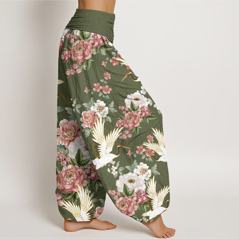Buddha Stones Lässige Kraniche Blühende Pfingstrosenmuster Damen Haremshose mit elastischer Taille - image 9