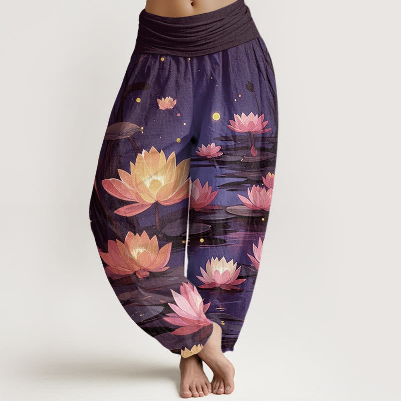 Buddha Stones Lässige, friedliche, nächtliche Lotusmuster-Haremshose für Damen mit elastischer Taille - Indigo - US22， UK/AU26，EU54 (6XL) - image 5
