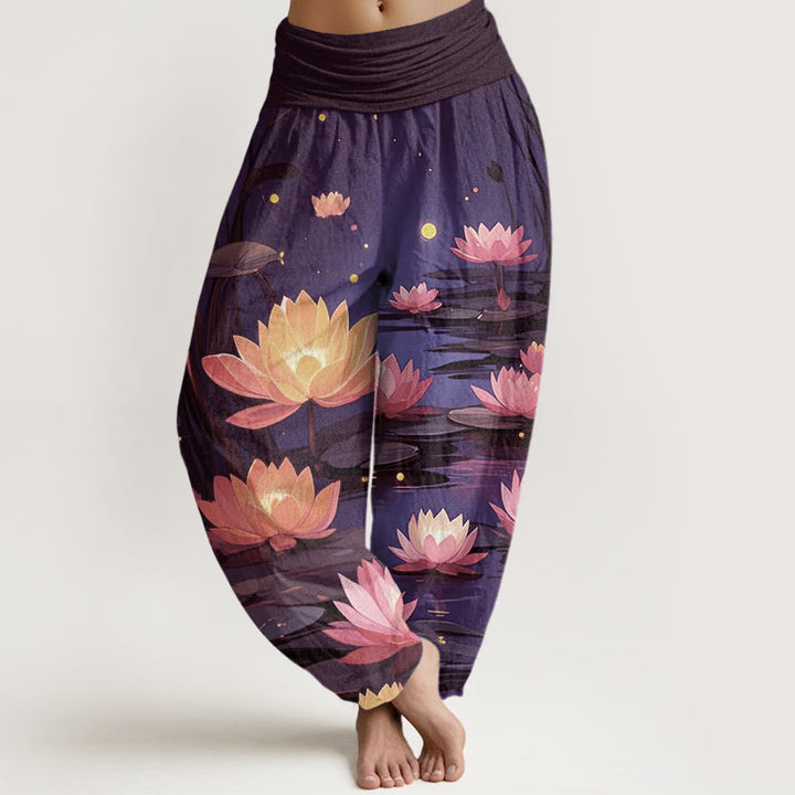 Buddha Stones Lässige, friedliche, nächtliche Lotusmuster-Haremshose für Damen mit elastischer Taille - Indigo - US22， UK/AU26，EU54 (6XL) - image 5