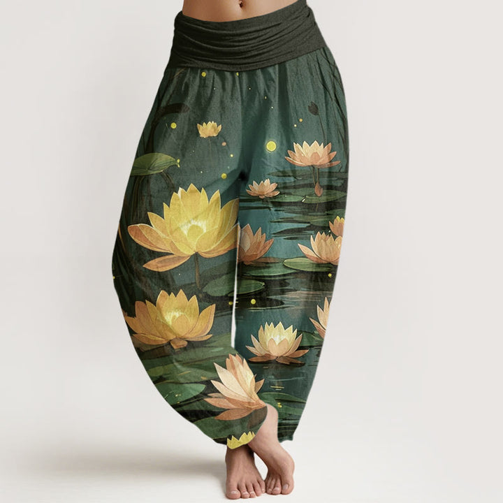 Buddha Stones Lässige, friedliche, nächtliche Lotusmuster-Haremshose für Damen mit elastischer Taille - Dunkelgrün - US22， UK/AU26，EU54 (6XL) - image 8