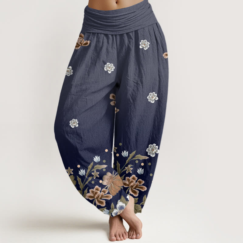 Buddha Stones Lässige Haremshose mit blühendem Blumenmuster für Damen, elastische Taille - Marine - US22， UK/AU26，EU54 (6XL) - image 1