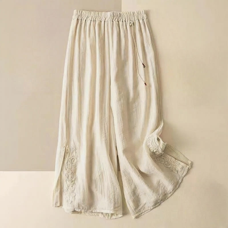 Buddha Stones Retro Lässiges Stickdesign Kordelzug Baumwolle Leinen Damen Weite Beinhose mit Taschen - Leinen - US12, UK/AU16, EU44 (3XL) - image 0