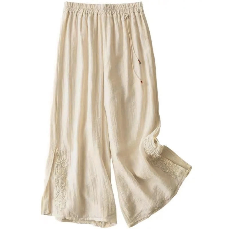 Buddha Stones Retro Lässiges Stickdesign Kordelzug Baumwolle Leinen Damen Weite Beinhose mit Taschen - image 1