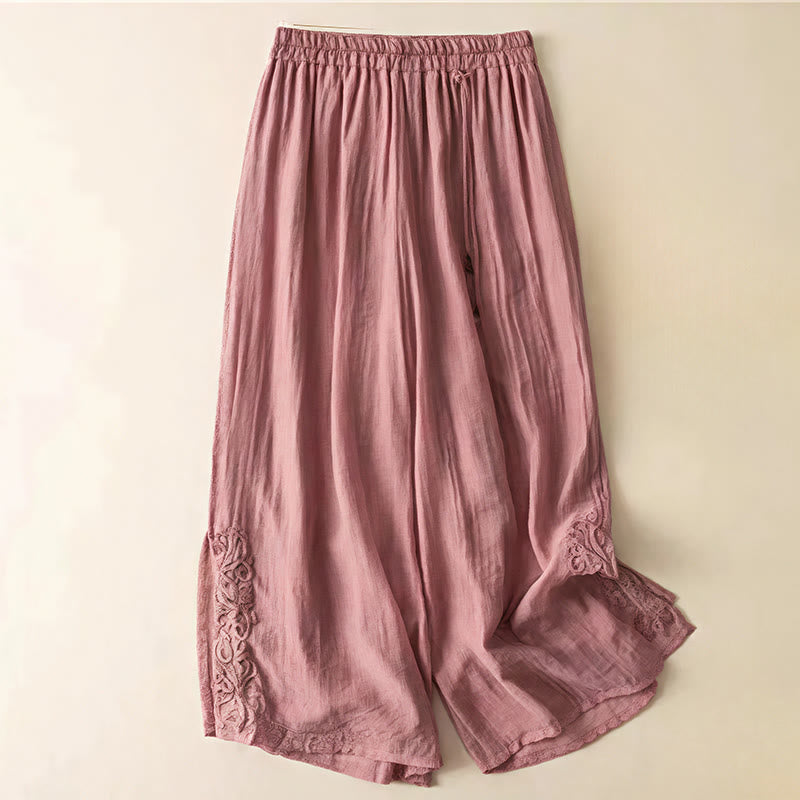 Buddha Stones Retro Lässiges Stickdesign Kordelzug Baumwolle Leinen Damen Weite Beinhose mit Taschen