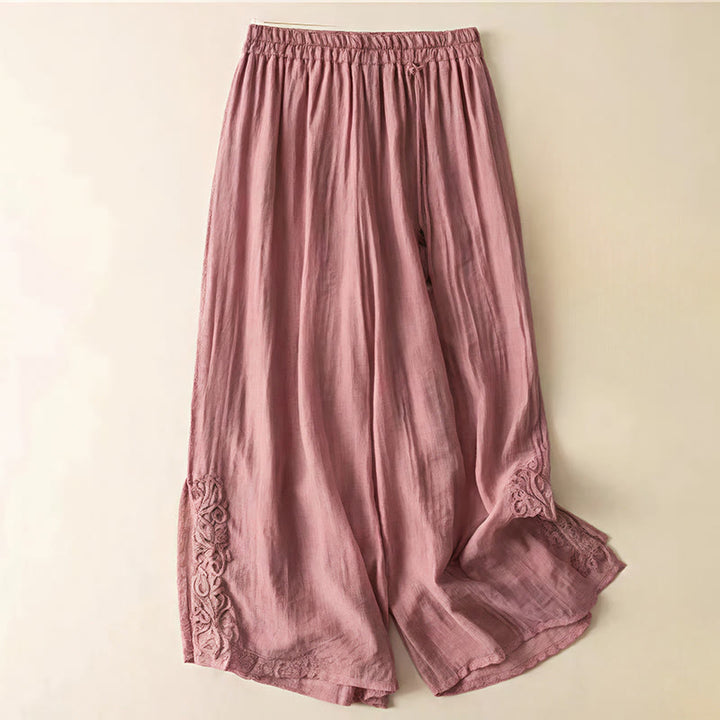 Buddha Stones Retro Lässiges Stickdesign Kordelzug Baumwolle Leinen Damen Weite Beinhose mit Taschen