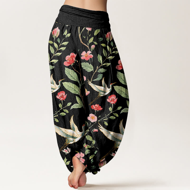 Lässige Haremshose aus Baumwolle mit Buddha Stones -Motiv, roten Blumen und Kranichmuster, elastischem Bund für Damen - image 2
