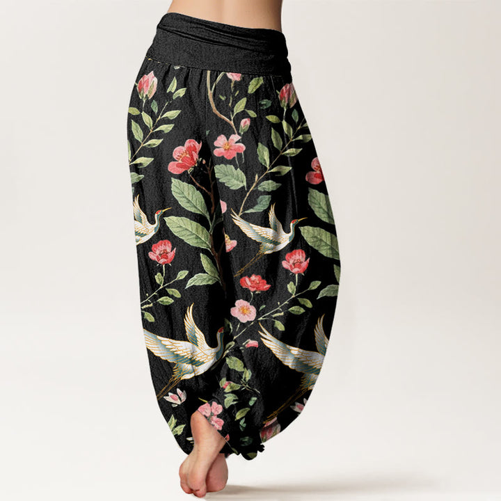 Lässige Haremshose aus Baumwolle mit Buddha Stones -Motiv, roten Blumen und Kranichmuster, elastischem Bund für Damen - image 2