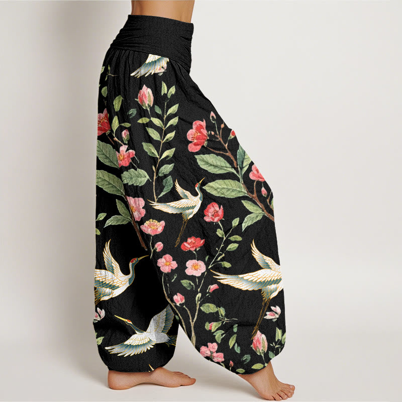 Lässige Haremshose aus Baumwolle mit Buddha Stones -Motiv, roten Blumen und Kranichmuster, elastischem Bund für Damen - image 1