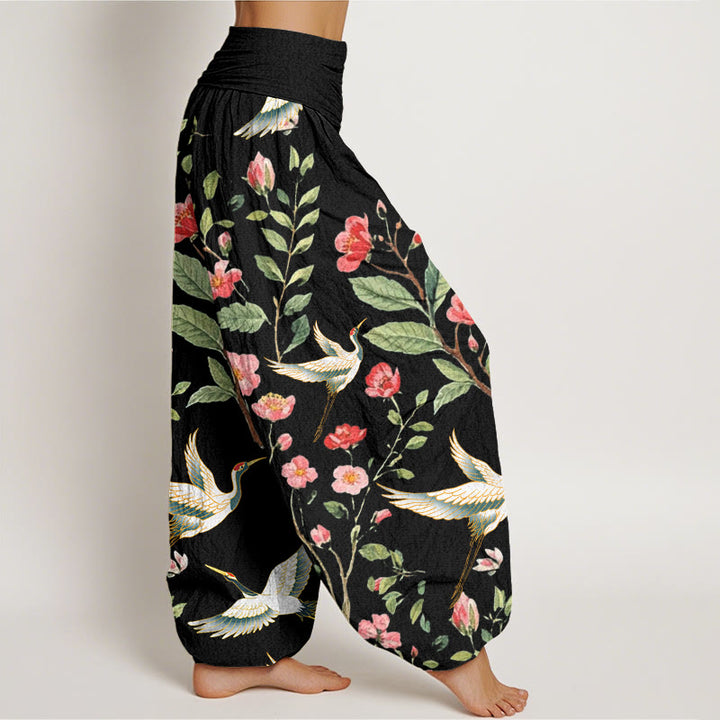 Lässige Haremshose aus Baumwolle mit Buddha Stones -Motiv, roten Blumen und Kranichmuster, elastischem Bund für Damen - image 1